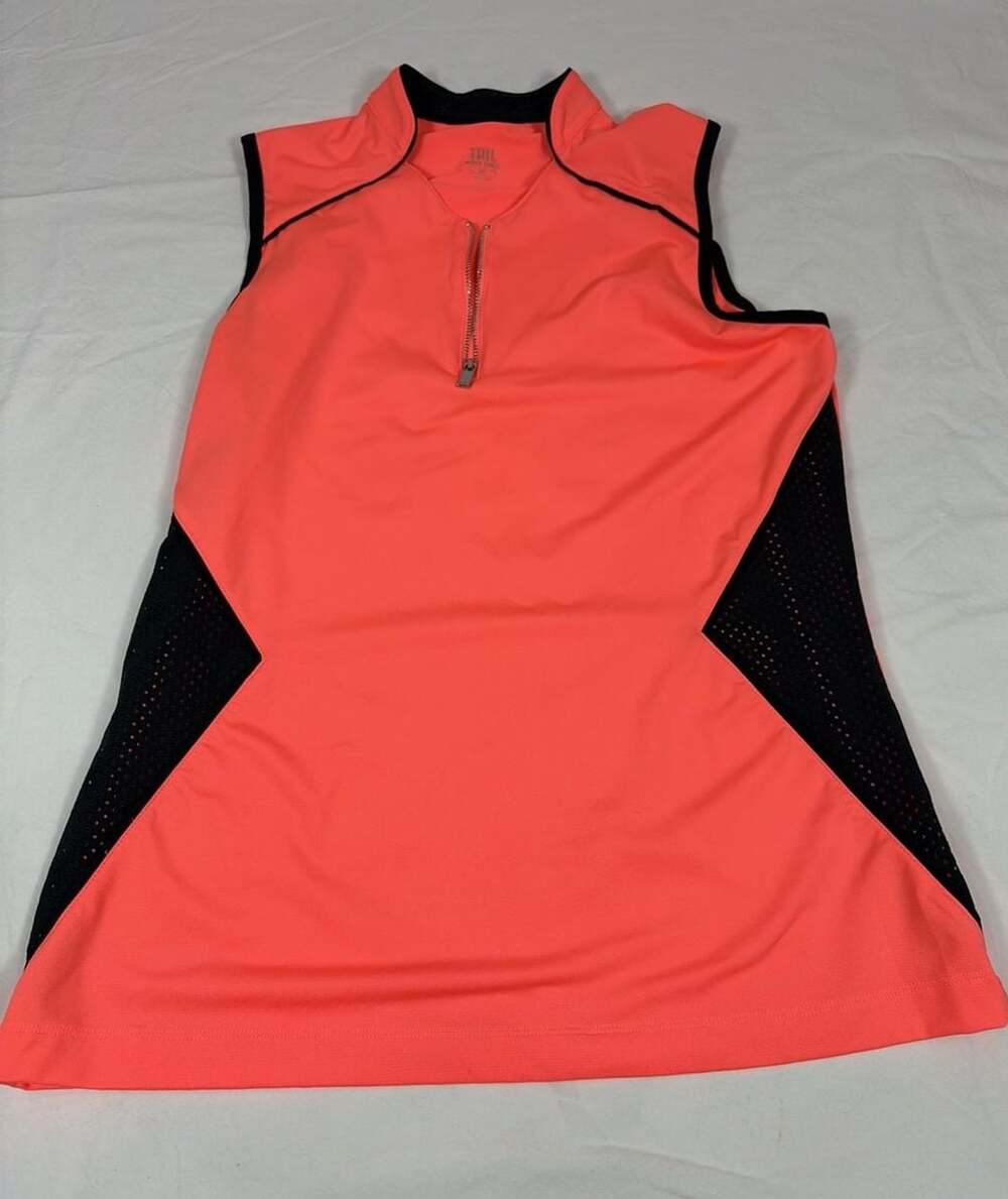 Tail White Label Coral Orange Black Mock Neck Sleeveless Zip Golf Polo Top Sz M